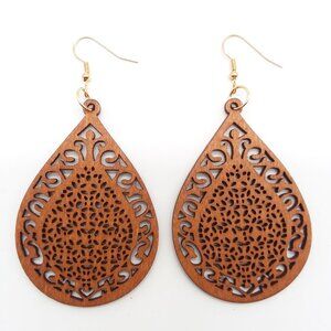 Earrings Wood Large Hollow Cut Bohemian Hindu Boho Carved Hippie Trendy Stylish